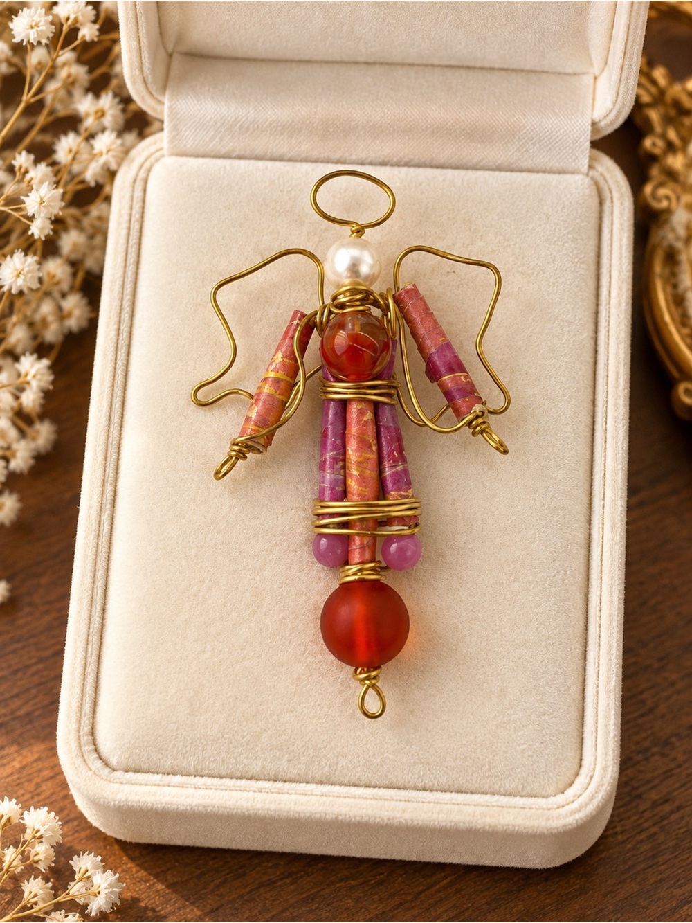 Handcrafted Artisan Wire Wrapped Angel Brooch Beaded Mixed Media Guardian Angel